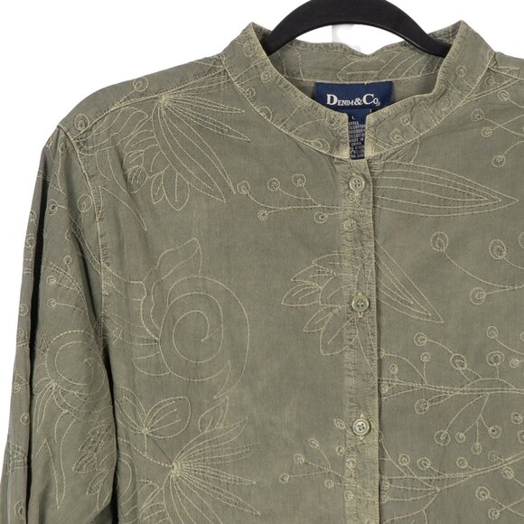 Denim & Co Button Up Shirt L Womens Olive Green Floral Embroidered Collar Pocket - Picture 2 of 5